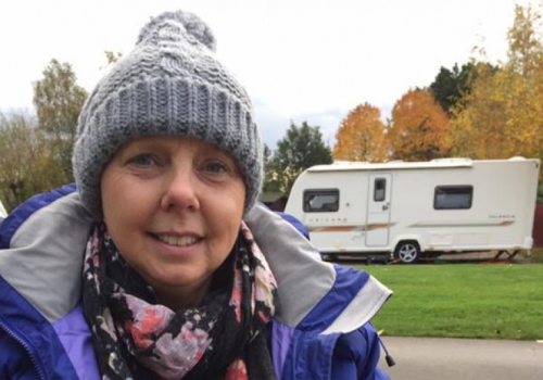 Cancer patient Andrea Dawson with the caravan she sold and, below, with her daughter Stephanie