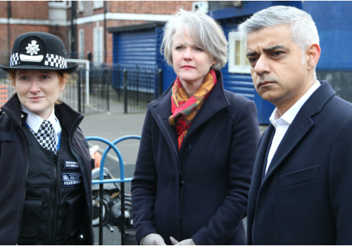 adiq Khan with Sophie Linden and borough commander Catherine Roper