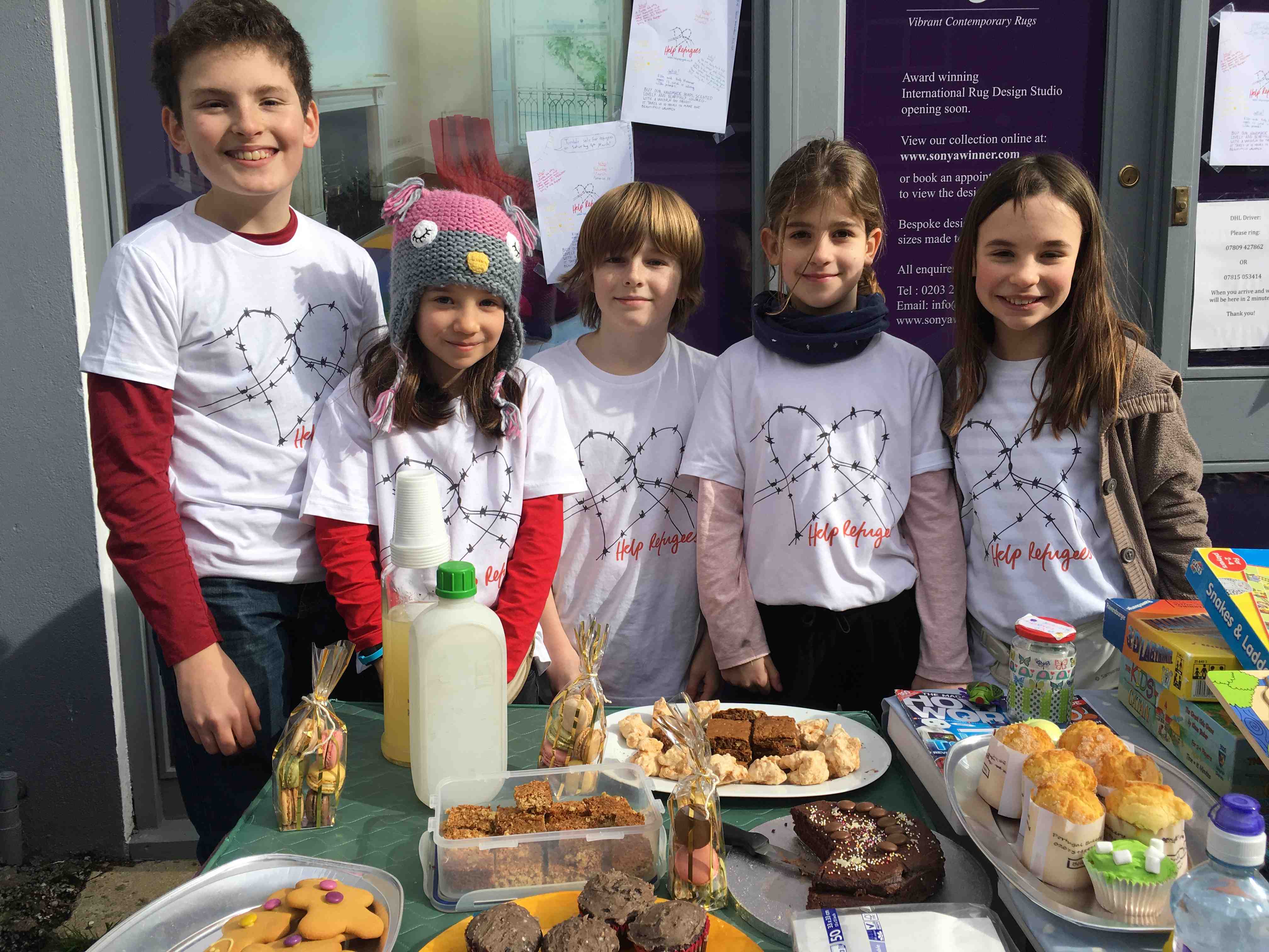 refugee fund raiser Charity bakers Max Taylor, Maisie Everett, Lucas Farrer, Ella Hermer, and Katy Hermer