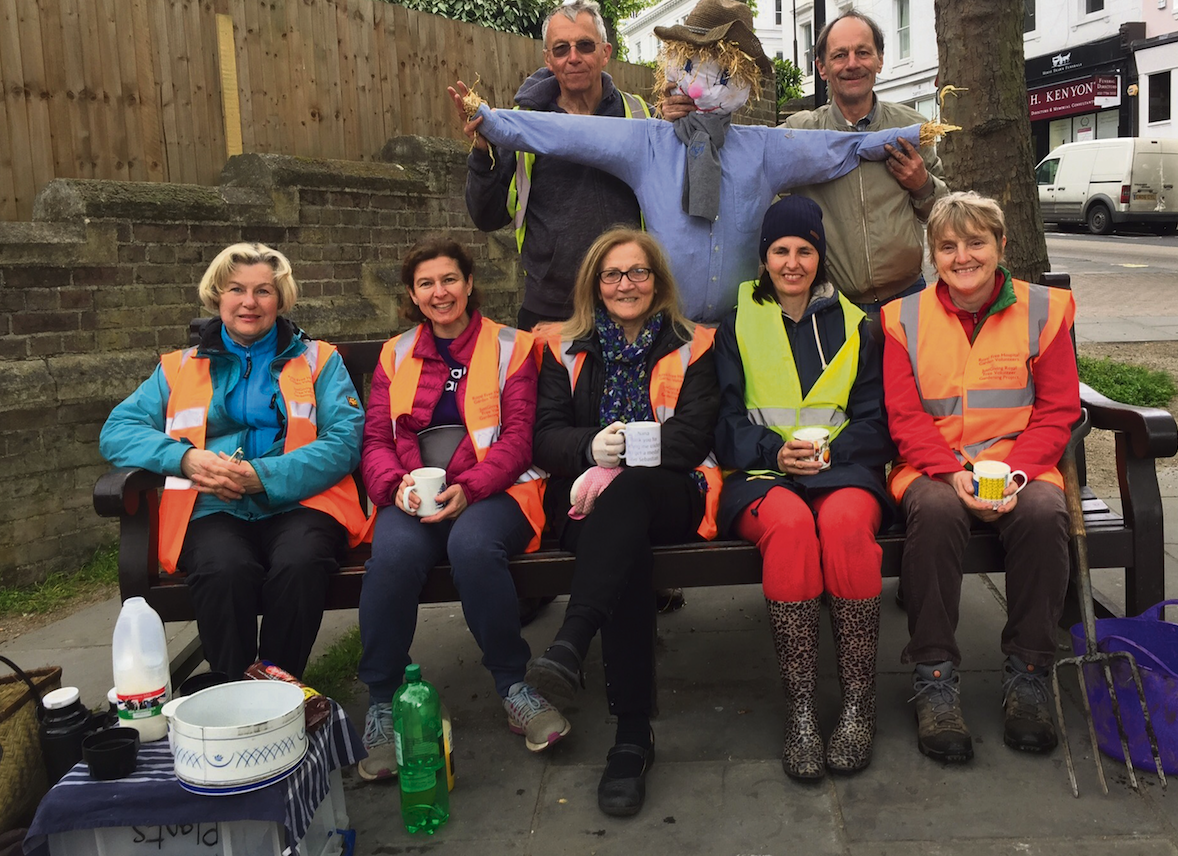 Who stole our scarecrow? Children’s creation pinched from outside Royal Free RFscarecrow Back row, from left: Malcolm Grove and Ultan Nelson. Front row, from left: Patricia Langley, Emma Hill, Mercedes Bose, Agnes Smith and Charlotte Gascoigne
