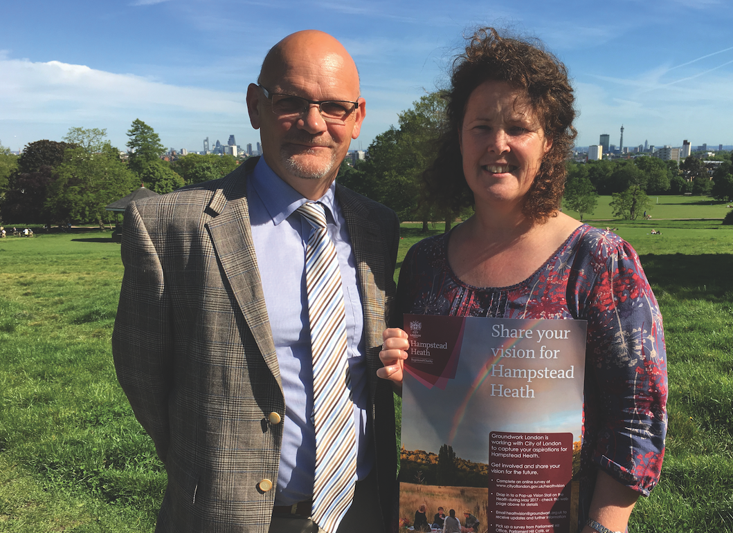 What should Hampstead Heath look like in 2067? Bob Warnock, the Heath superintendent with Lucy Gannon, Heath project officer.