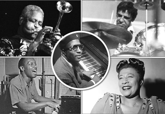 Dizzy Gillespie (photo Roland Godefroy) Budy Rich (photo-Paul Spurk) Ella Fitzgerald_Tadd Dameron centre-Thelonious Monk