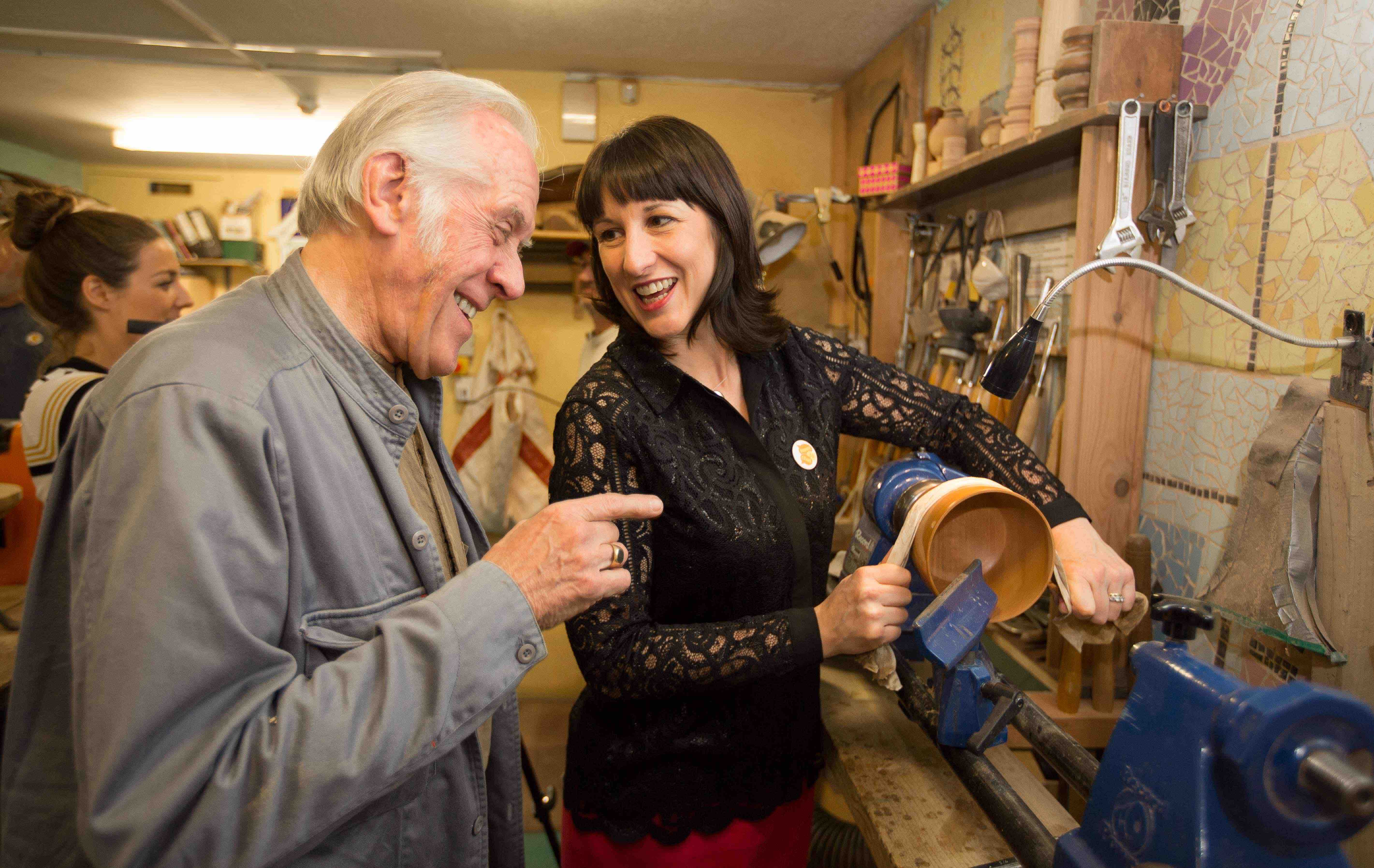 Rachel Reeves and Seema Kennedy visit woodwork shed for lonely older men Picture by Michael Crabtree Phone 07976 251 824 email crabtreemi@hotmail.com