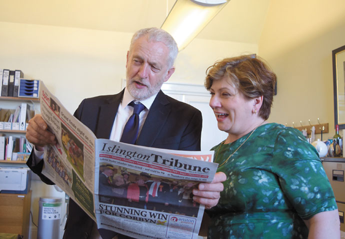 Jeremy Corbyn and Emily Thornberry looking at the Islington Tribune_no clock
