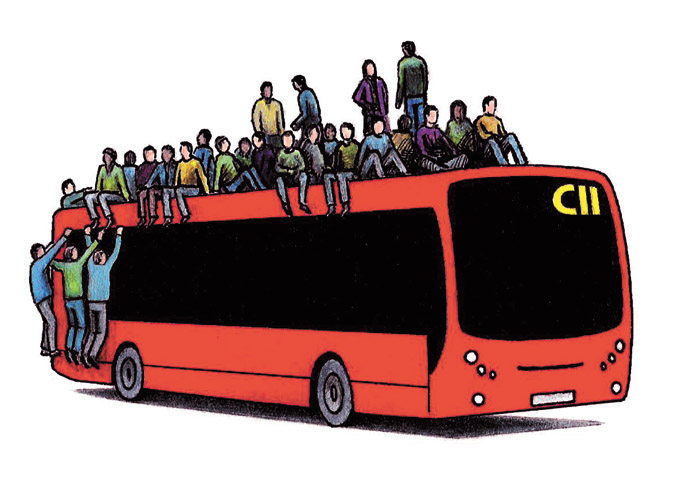 Our elusive C11 is an overcrowded boneshaker of a bus C11 Bus Cartoon_John Sadler