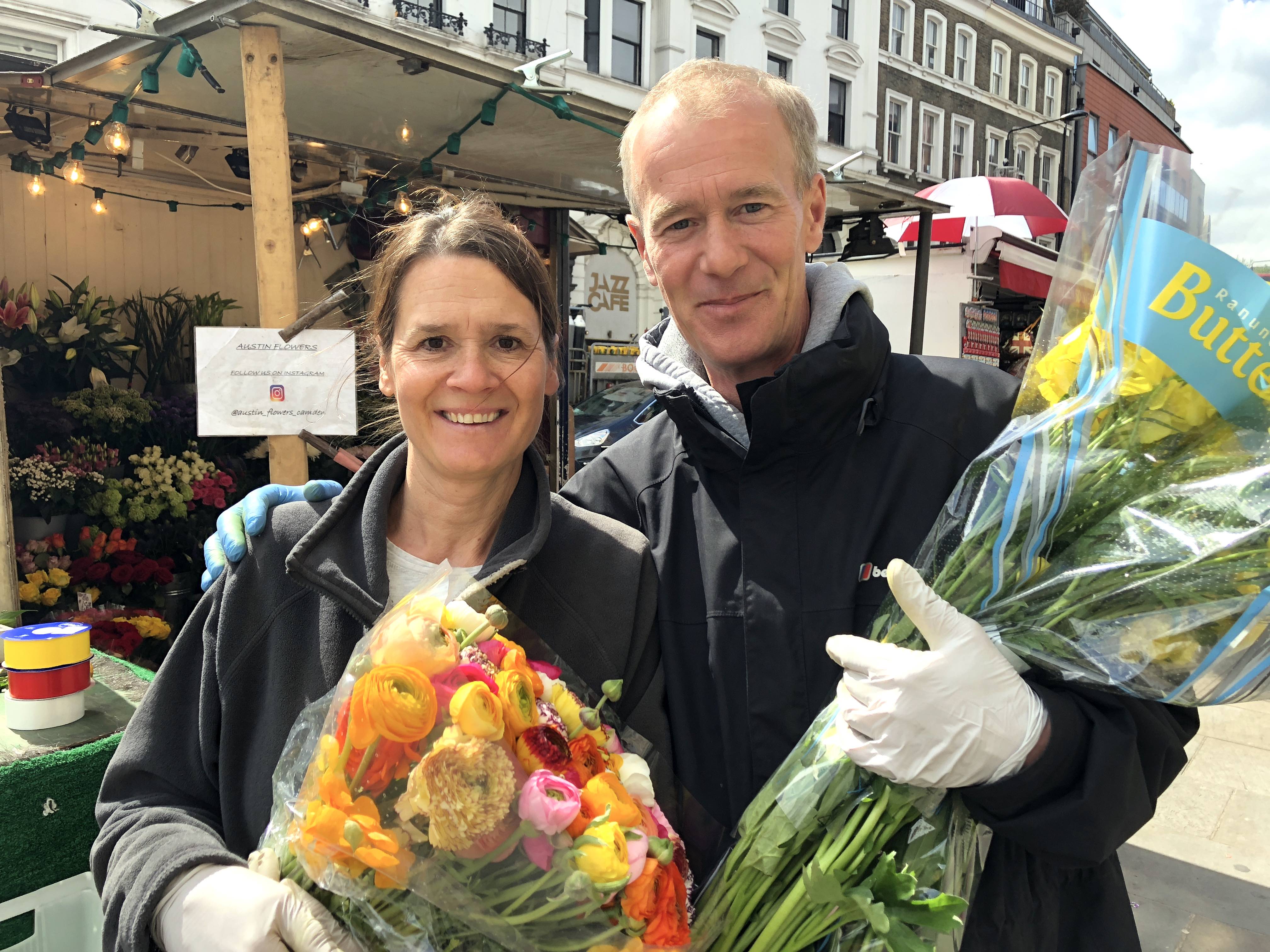 Camden Town street florists hired to provide birthday bouquets for the Queen Lorraine Puleston and Stephen Silver at their stall on the corner of Parkway and Camden High Street