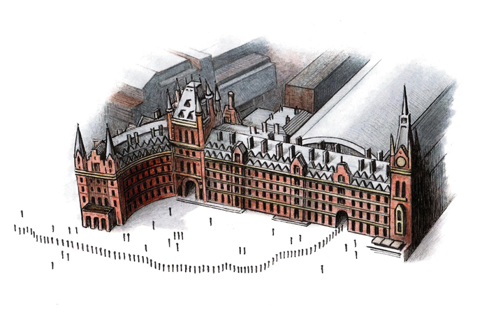 John Sadler cartoon - St Pancras station