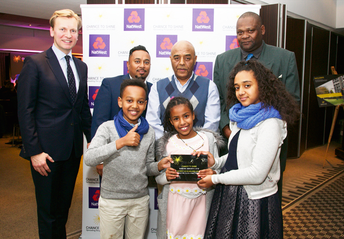 Award for street cricket youth initiative Martyn Wilson NatWest Raj Nath Middlesex Cricket Mikey Thompson Middlesex Cricket. Front - Robel Tecklom Lydia Amanuel Fasil Giada Mazzola