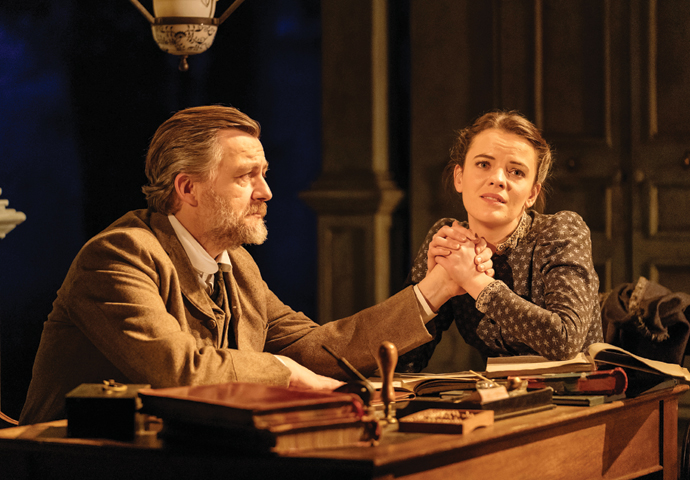 Alan Cox (Vanya) and Alice Bailey Johnson (Sonia) in Uncle Vanya at Hampstead Theatre. Photo credit Manuel Harlan.