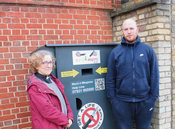 Rev Majorie Brown and Jason Allen at the new knife bin