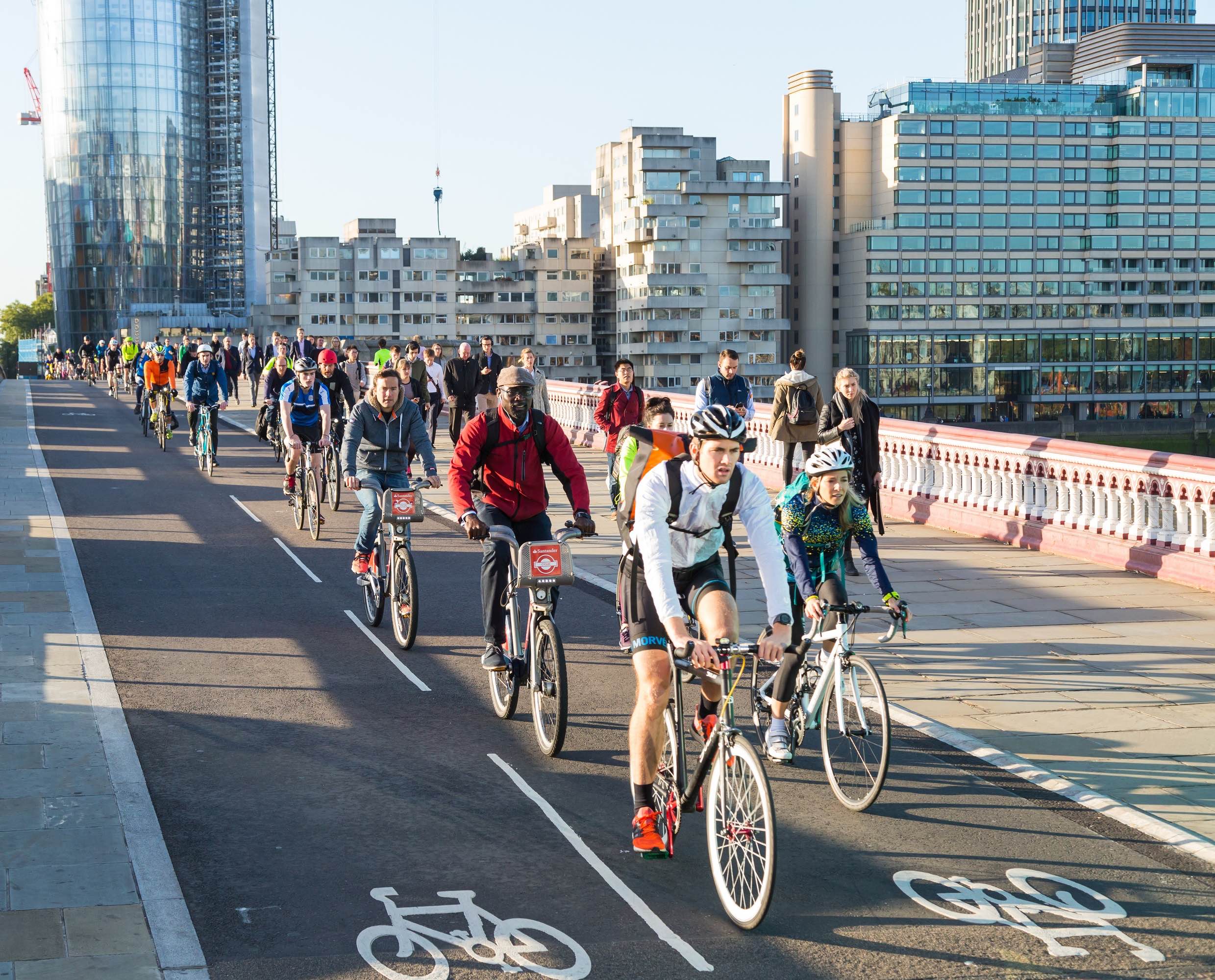 Morning cycling commuters on Blackfriars Bridge