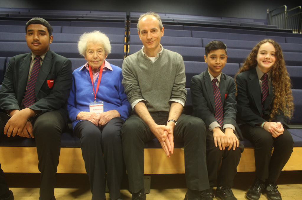 Ruth David with her son Simon Finch, and Haverstock School pupils Rahim Islam, 13, Abdur Altaf, 14, and Macey Kilgallon, 13