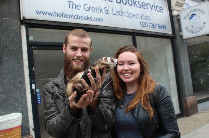 James Duddy and Jessie Braviner with their polecat, Piccolo, in Fortess Road