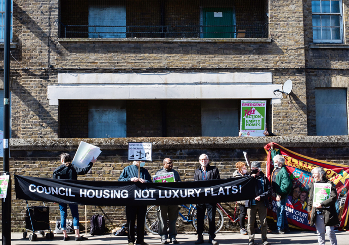 Why the failures over these ‘prison flats’? Corbyn prison flats protest AEH-IH4A 17April21 Photo by Debbie Humphry-21