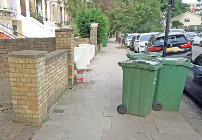 Bins on pavement in Eton Avenue
