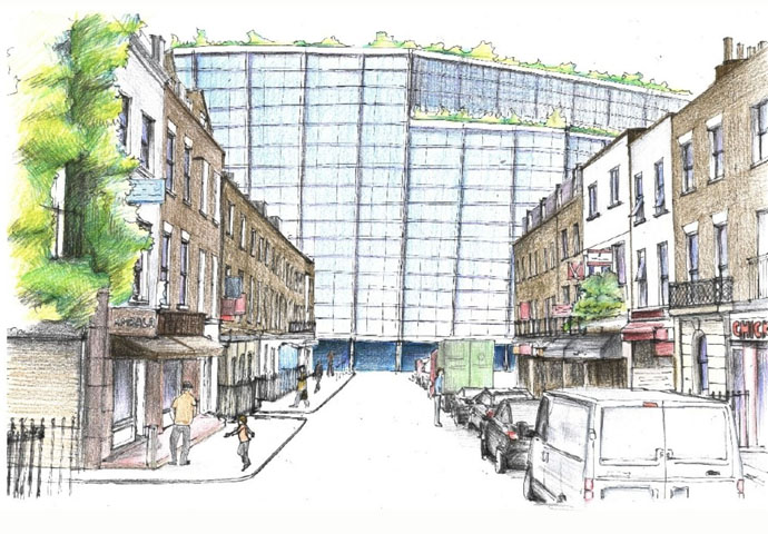 Drummond Street view of HS2 station blocking permeability