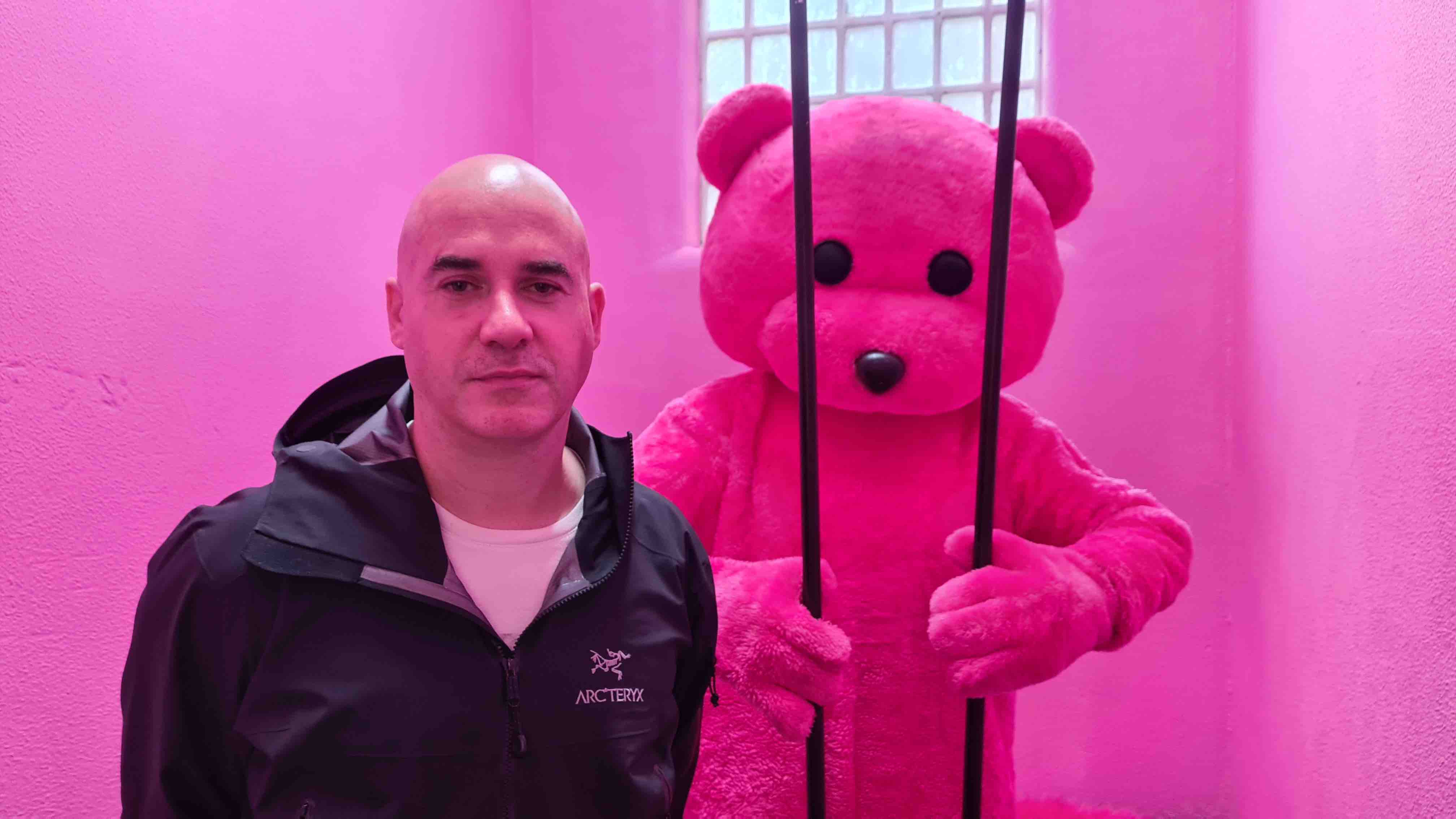 Banged-up pink bear heads up police station exhibition Paul Robinson LUAP with bear