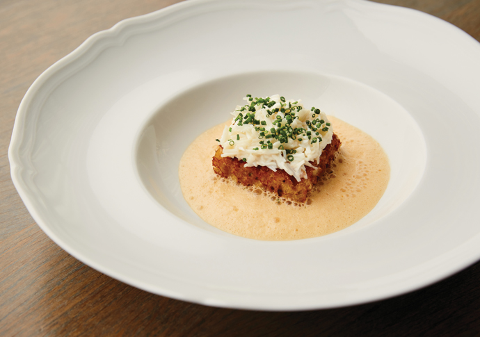 Food lives up to tasteful surroundings at the St Pancras Renaissance Hotel Crab toast elderflower shellfish sauce_Sam Harris