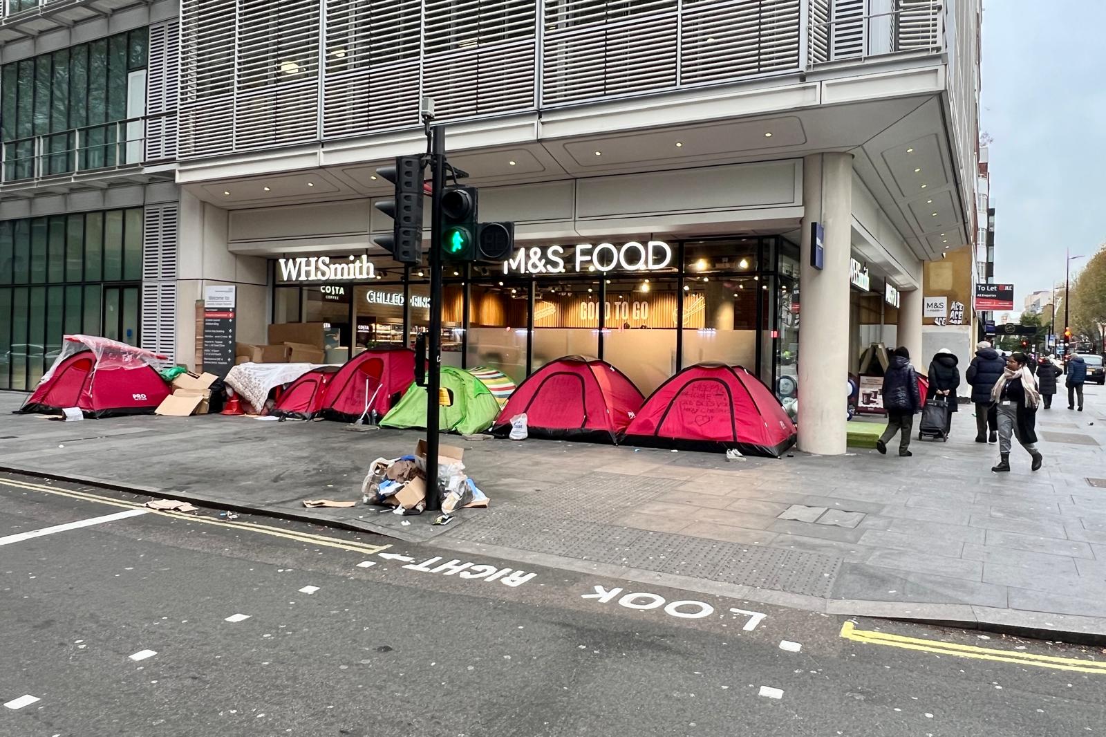 Homeless tents outside Marks and Spencers on Tottenham Court Road