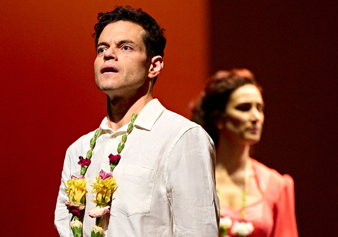 Rami Malek (Oedipus) and Indira Varma (Jocasta) in Oedipus at The Old Vic (2025). Photo by Manuel Harlan. (2)